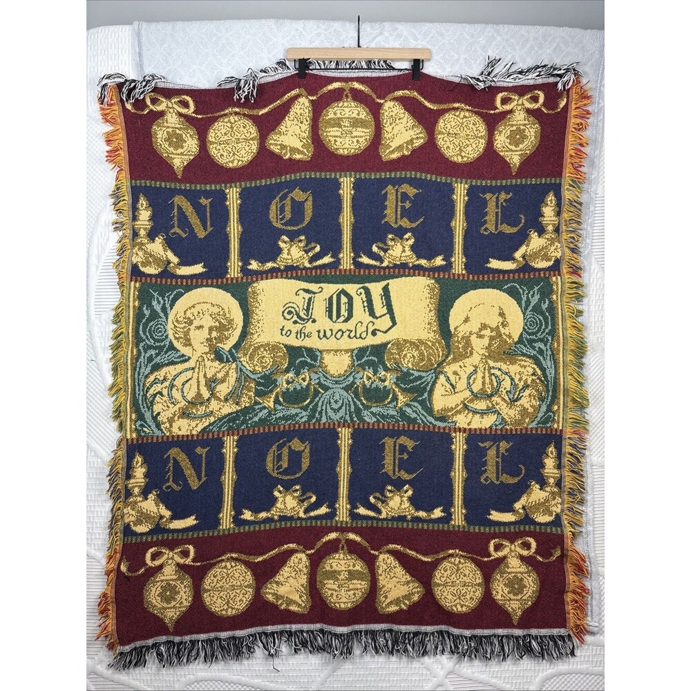 Vtg Christmas Tapestry Throw Blanket 44X55 Afghan Knit Noel Joy World Holiday